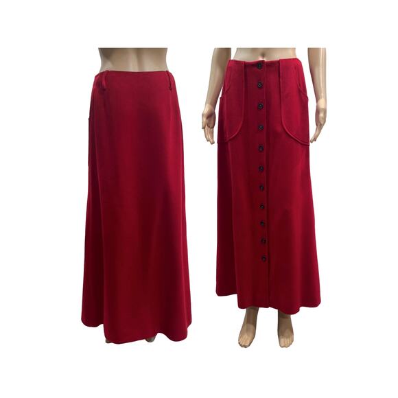 Vintage 60s 70s Red Wool Maxi Skirt | Button Front A-Line w Pockets | W 28" - Picture 9 of 9